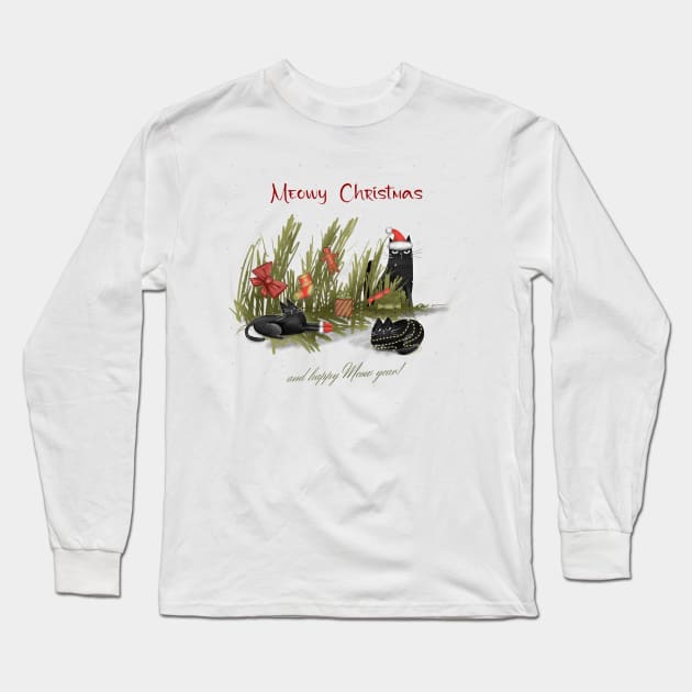 Merry Christmas - Black cats with Santa hat. Long Sleeve T-Shirt by Olena Tyshchenko